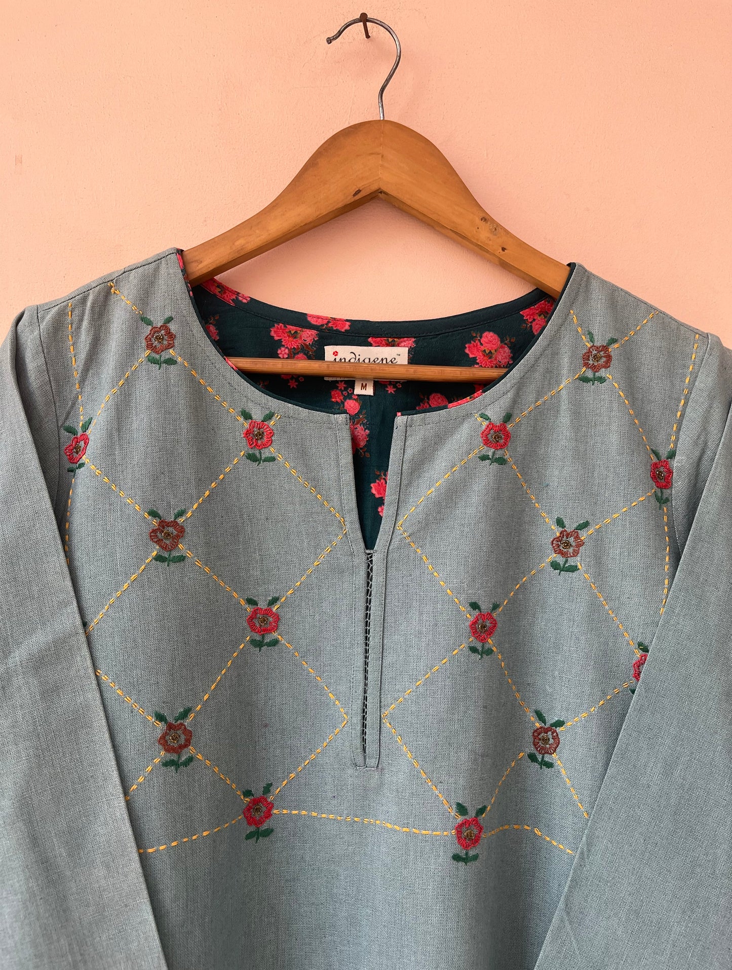 Moss Hemp Round neck embroidered kurta