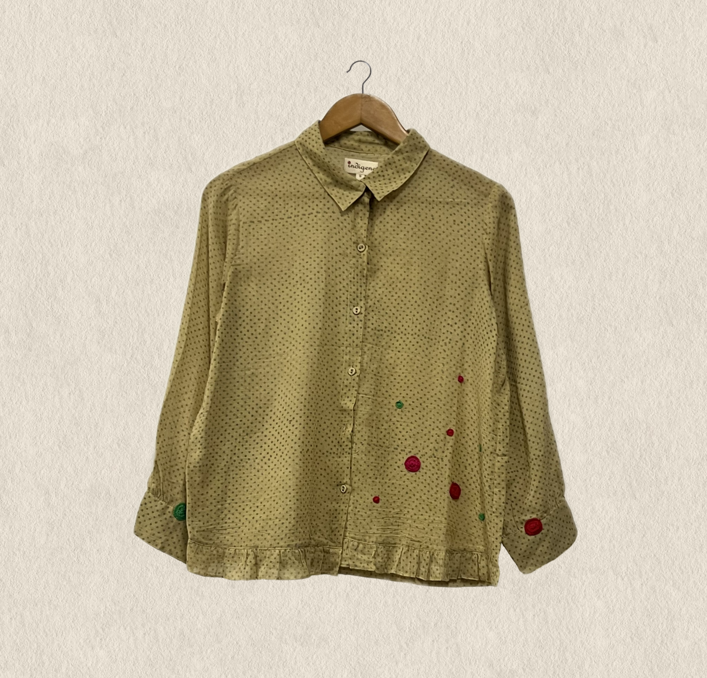 Crochet Ruffle Hem Printed Gauze Shirt