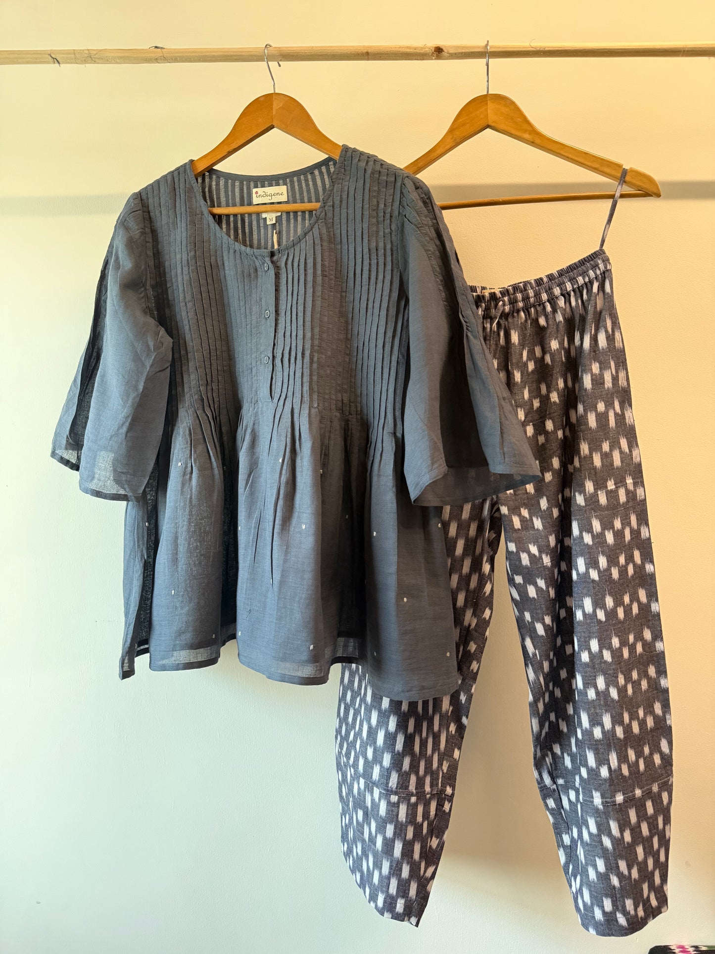 Sky Pin-Tuck Embroidered Top & Ikat baggy pants