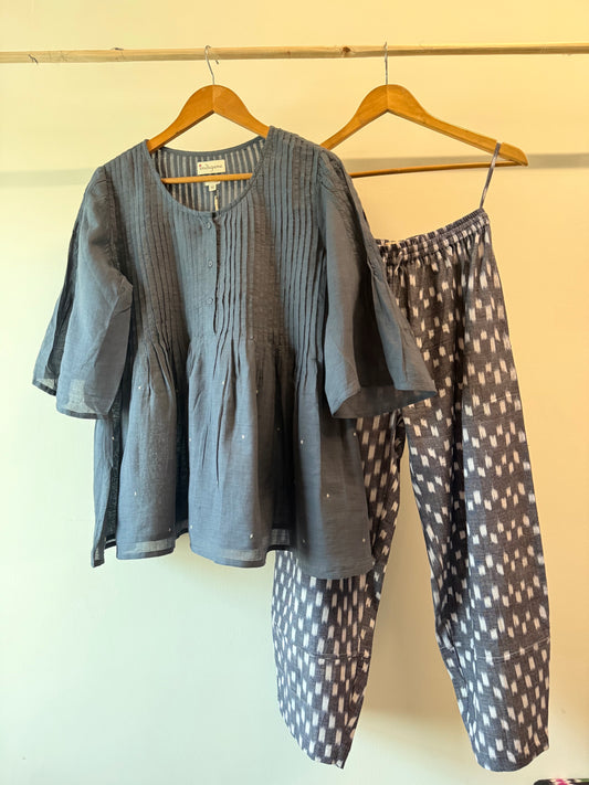 Sky Pin-Tuck Embroidered Top & Ikat baggy pants