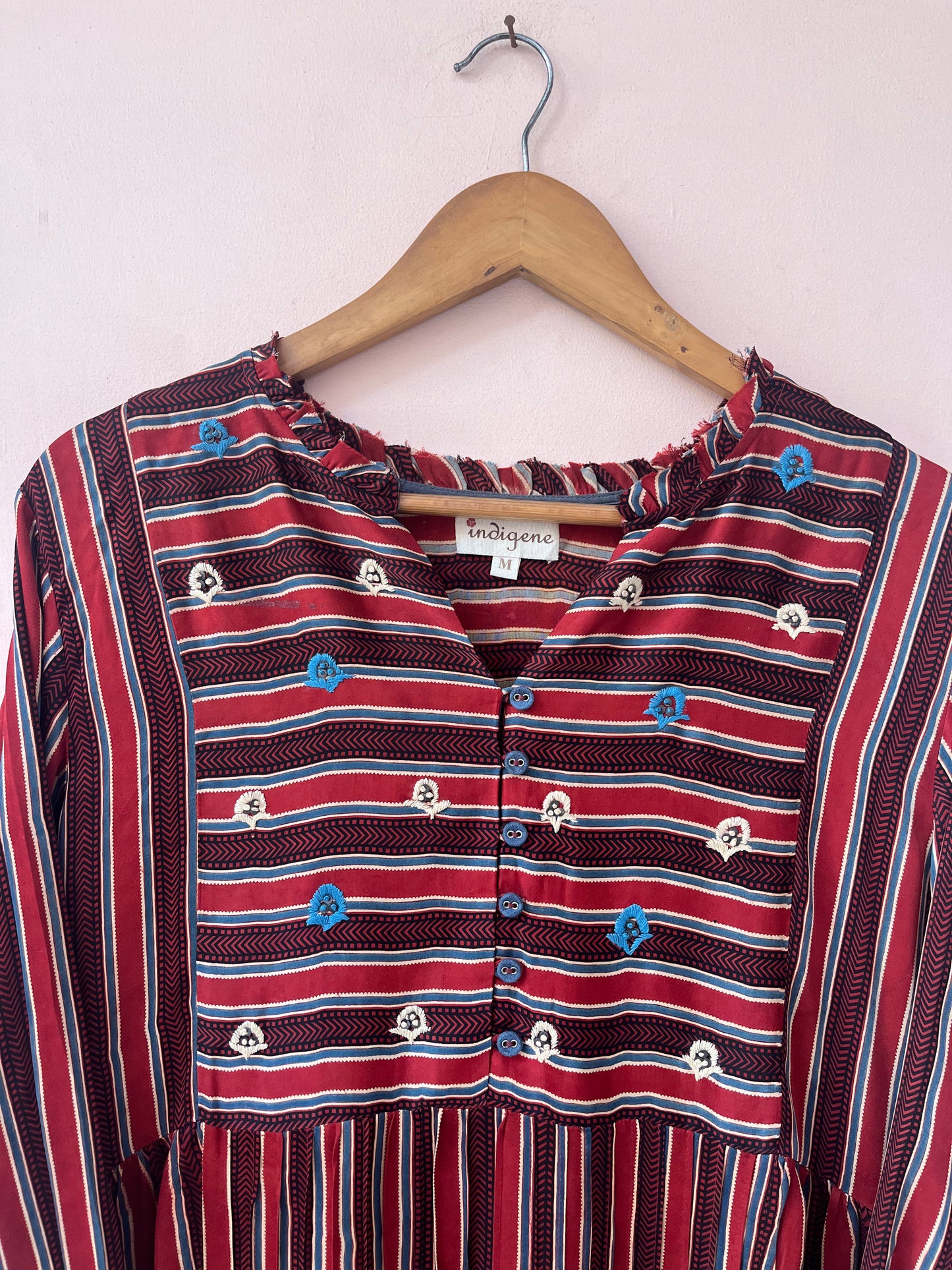 Embroidered Ajrakh stripe modal kurta