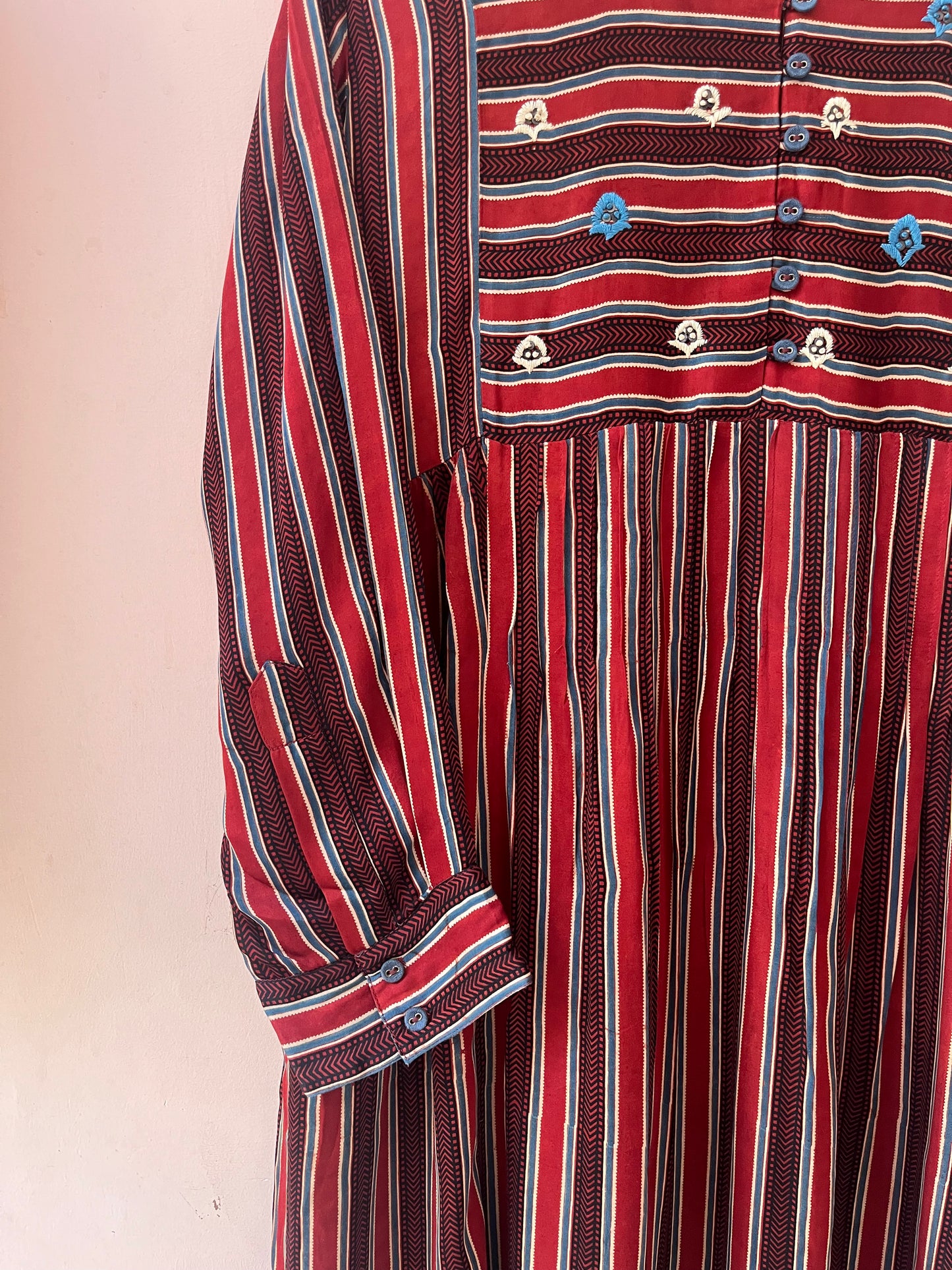 Embroidered Ajrakh stripe modal kurta