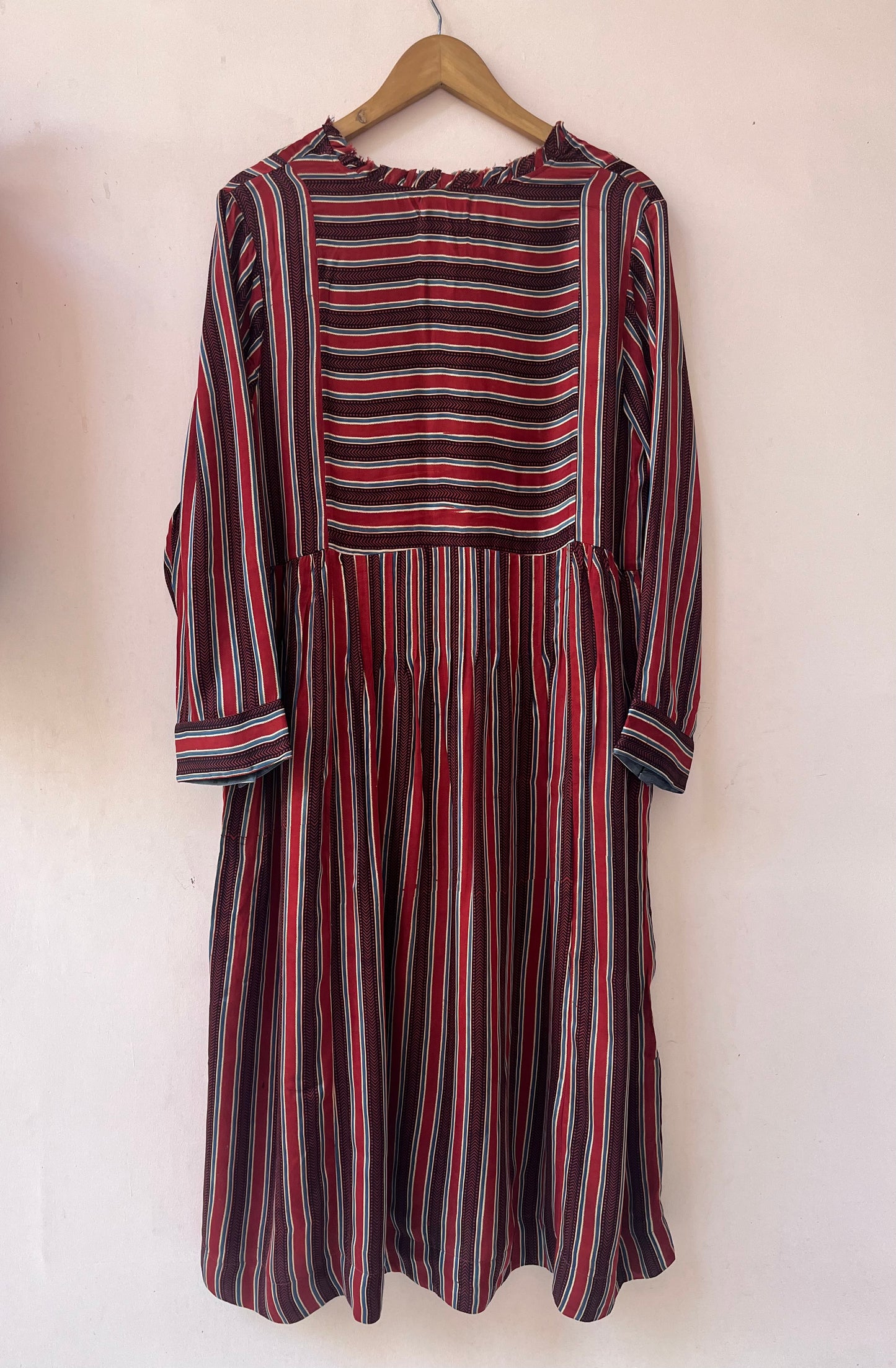 Embroidered Ajrakh stripe modal kurta