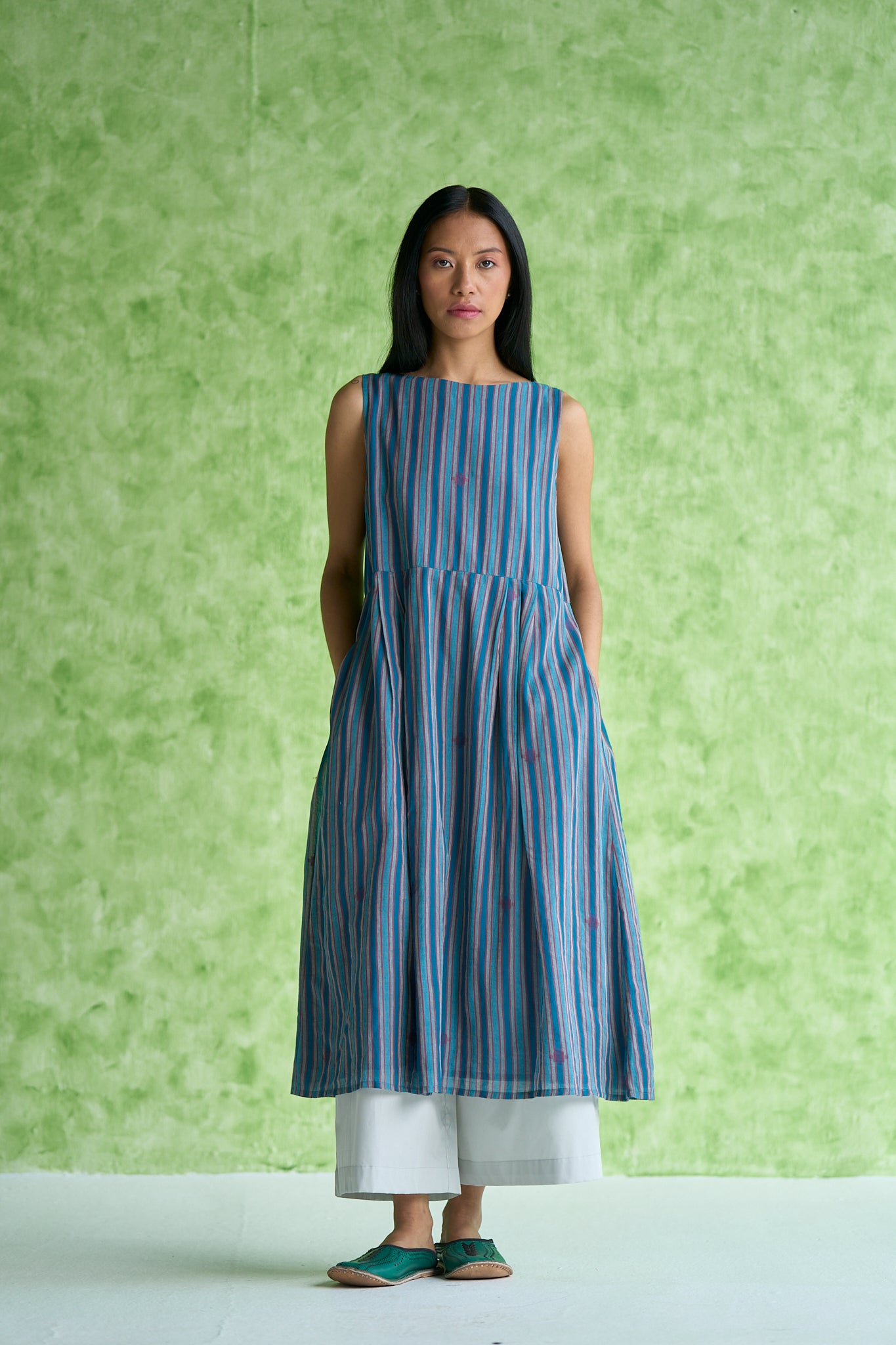 Zola Handwoven stripe Box Pleated Dress