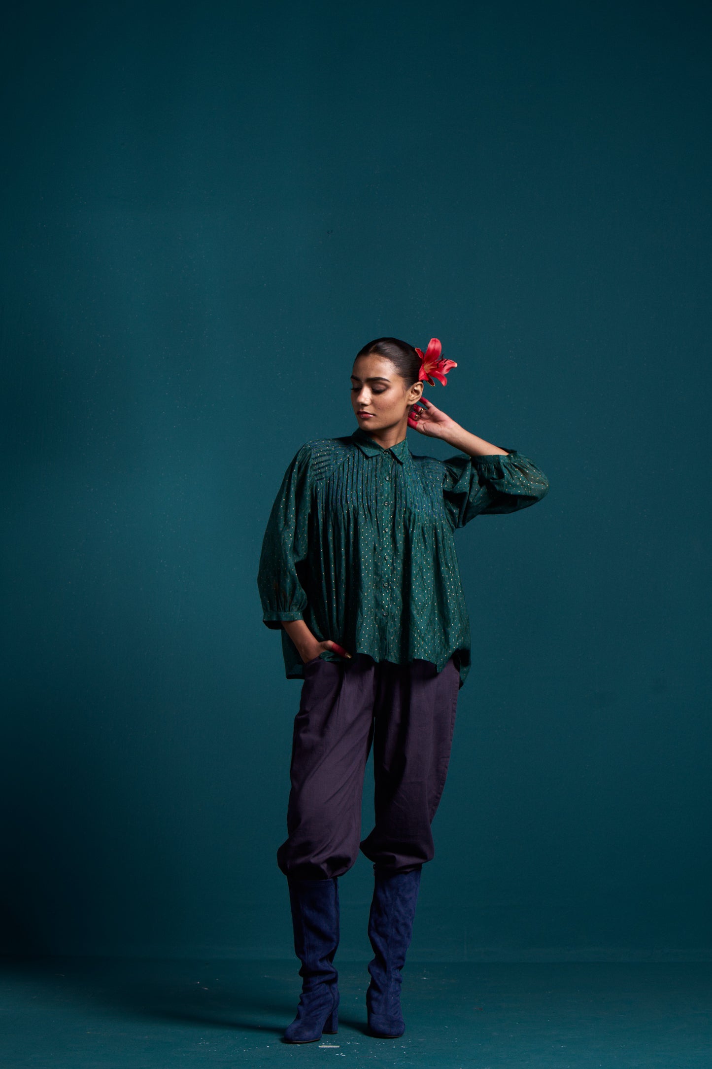 Lapiz pintuck printed chanderi top