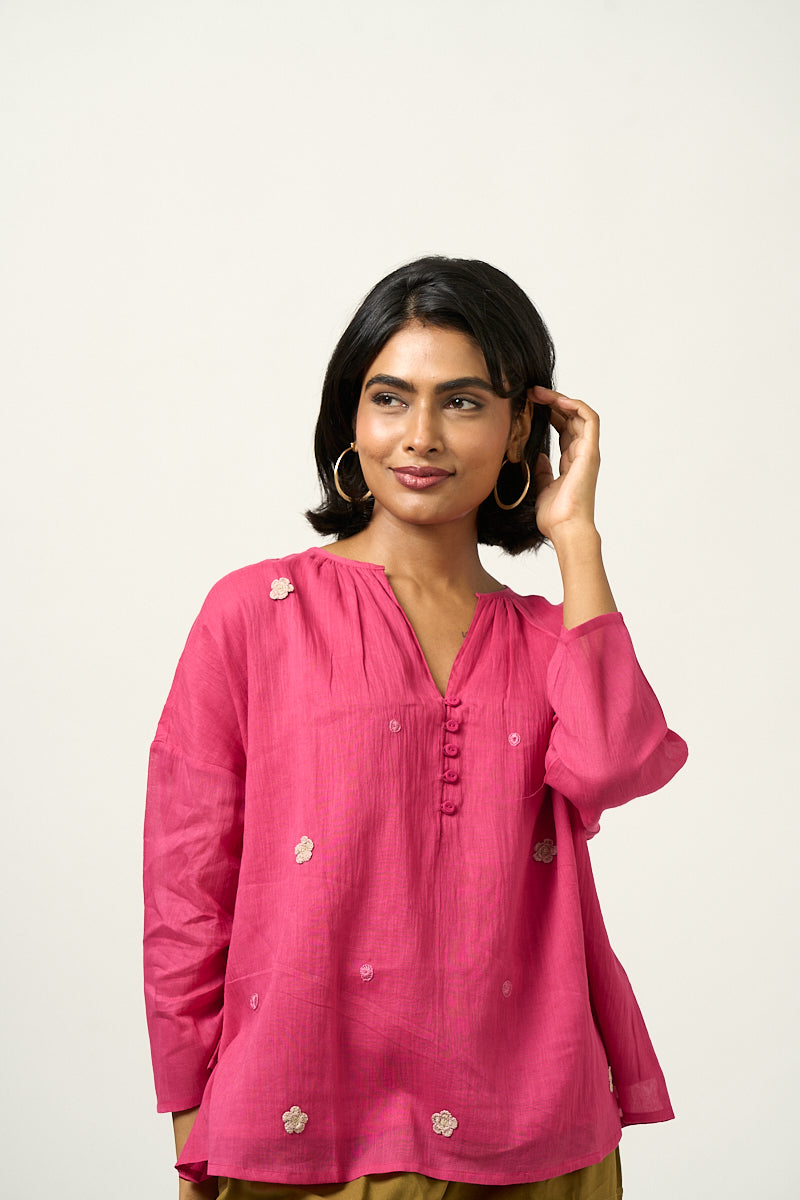 Gathered Neck mulmul top - Aubergine