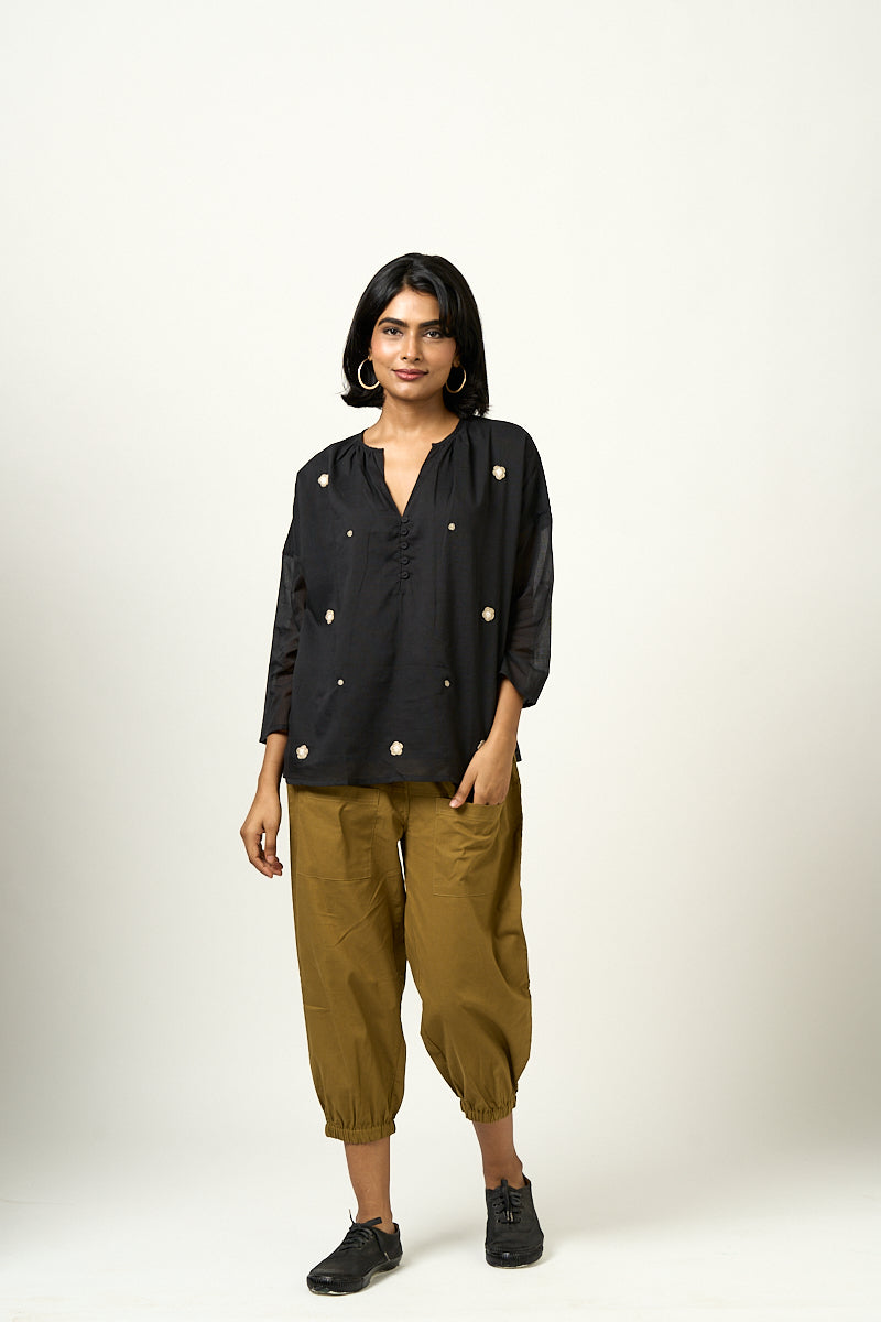Gathered Neck mulmul top - Aubergine