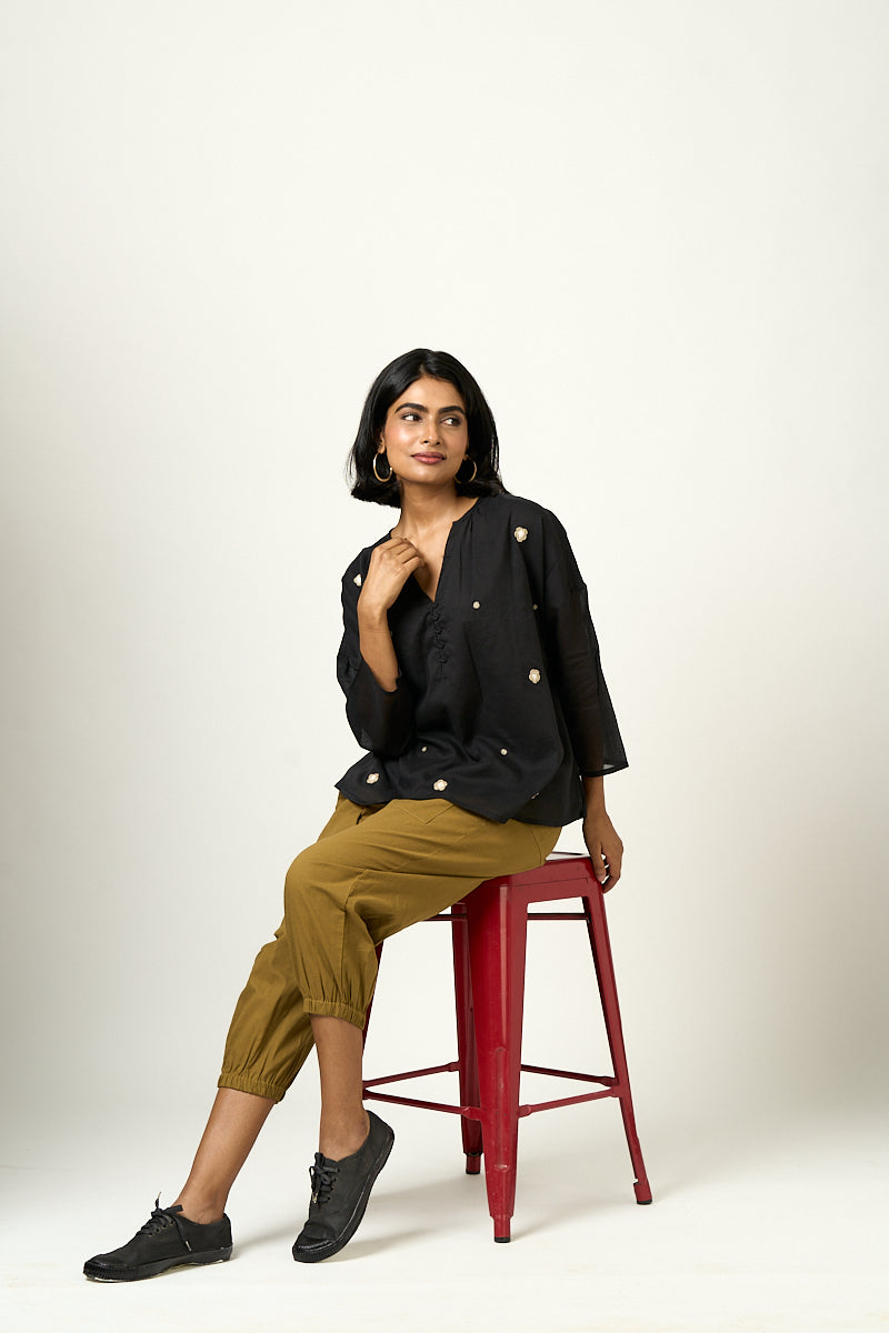 Gathered Neck mulmul top - Aubergine
