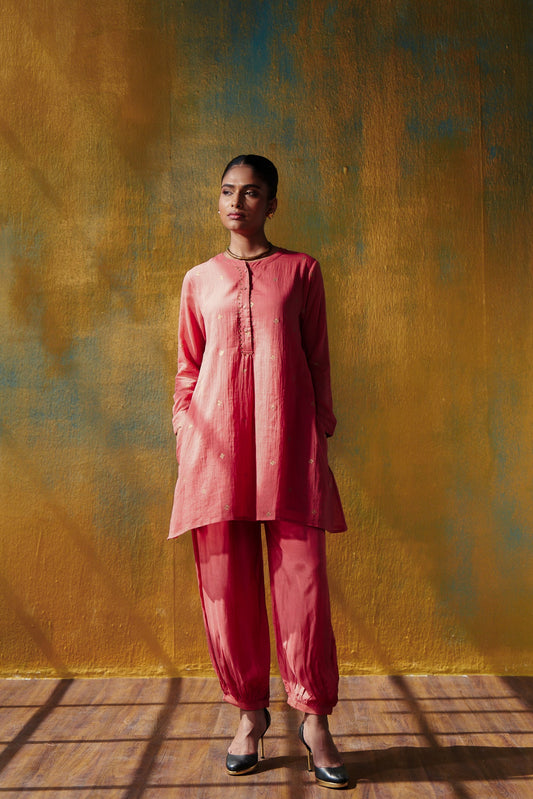 Gulab Gold Printed Placket Tunic & Gathered hem Pant Coord set
