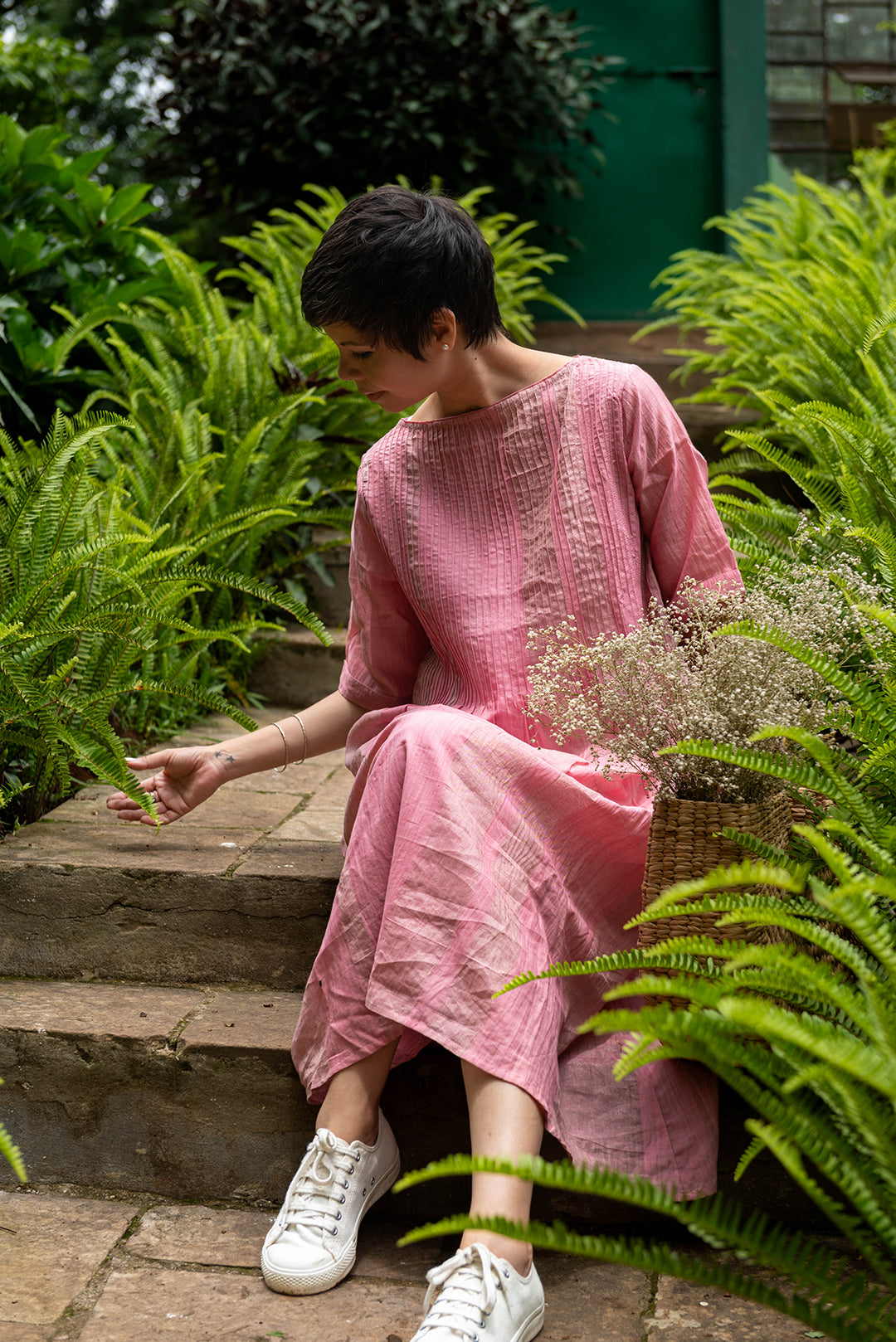 Strawberry Blush Cotton Zari Pintuck Dress