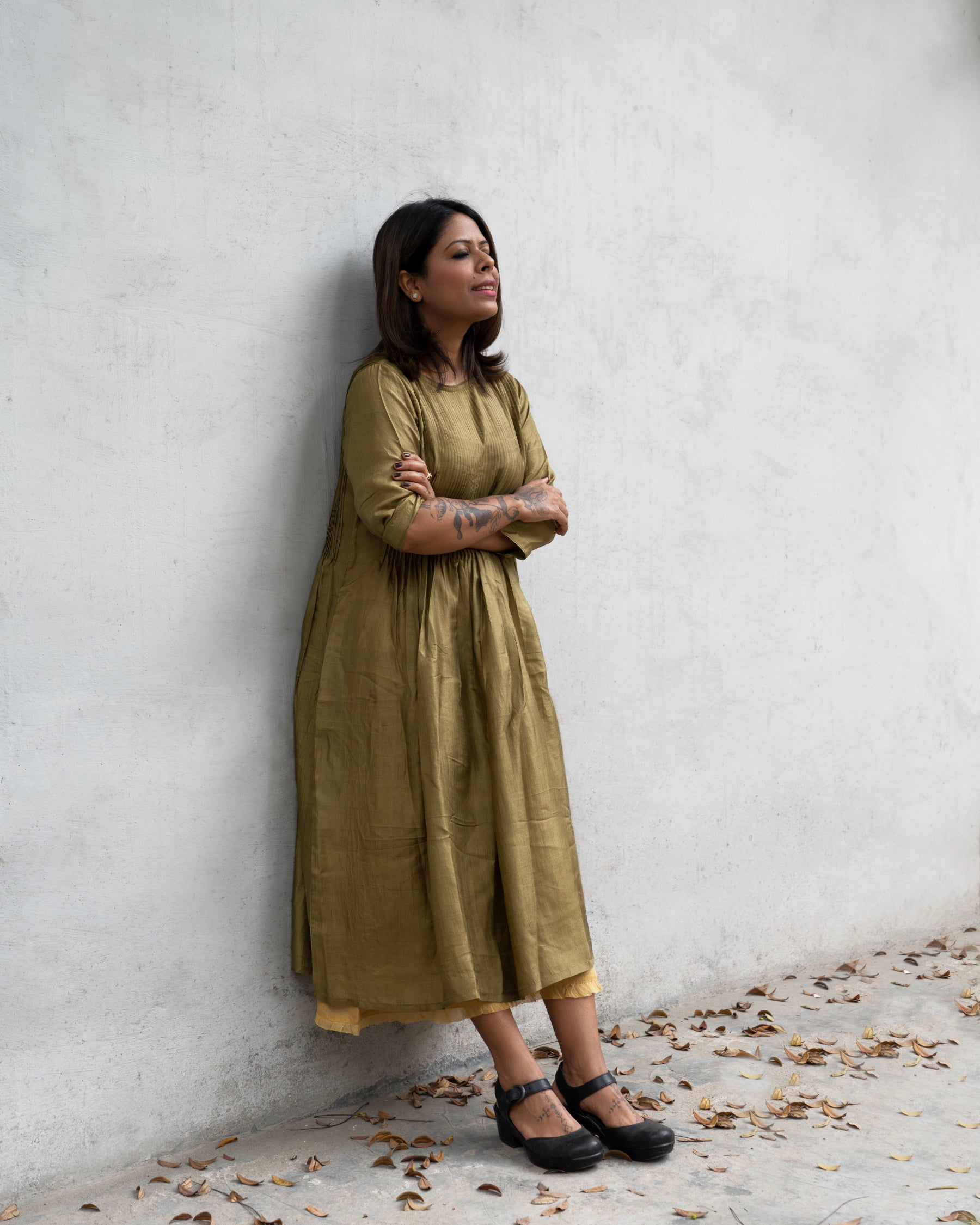 Olive silk pin-tuck dress with in luxurious hand woven mulberry silk