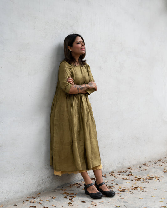 Olive silk pin-tuck dress with in luxurious hand woven mulberry silk