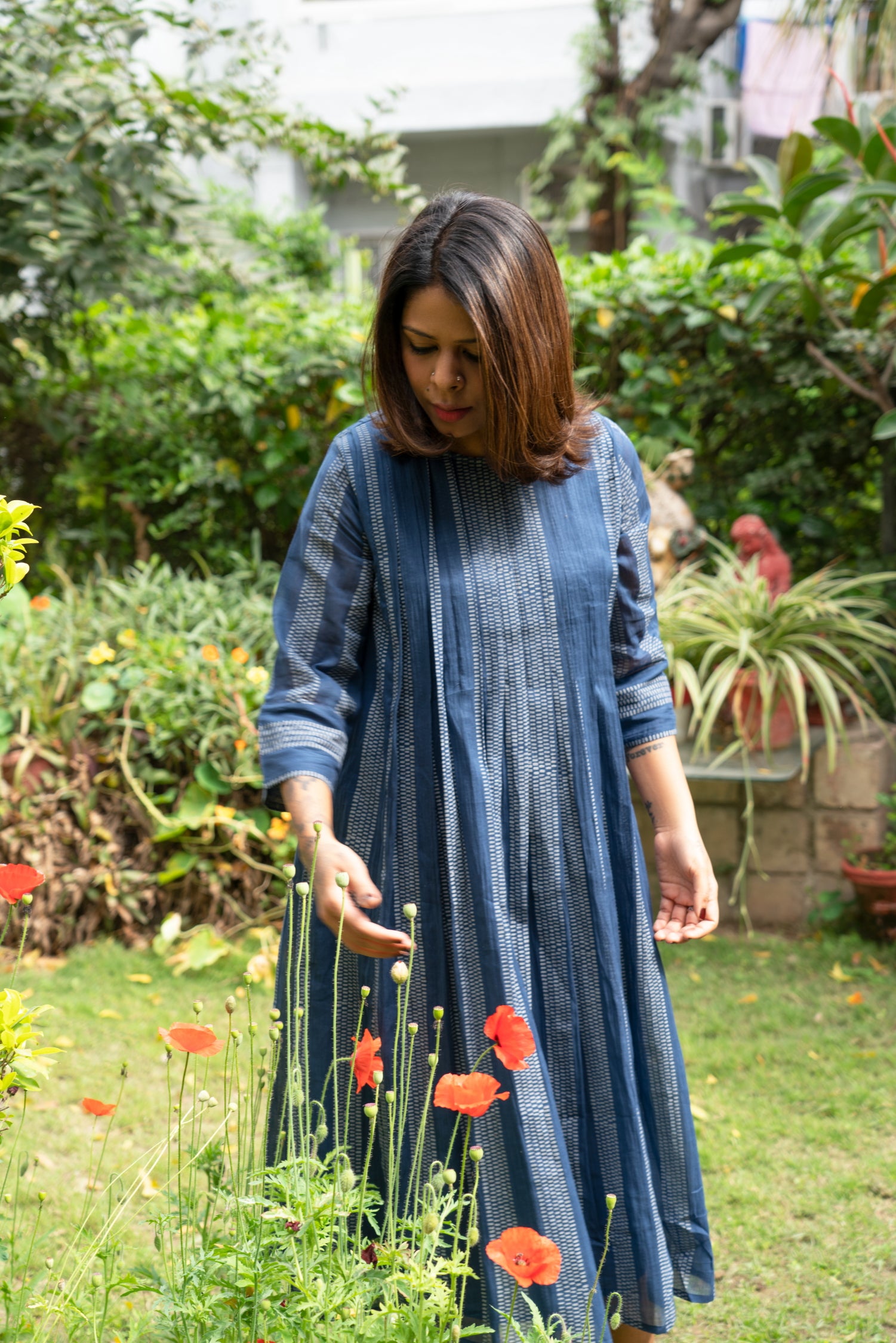 Indigo hand printed pleated mulmul dress shopindigene