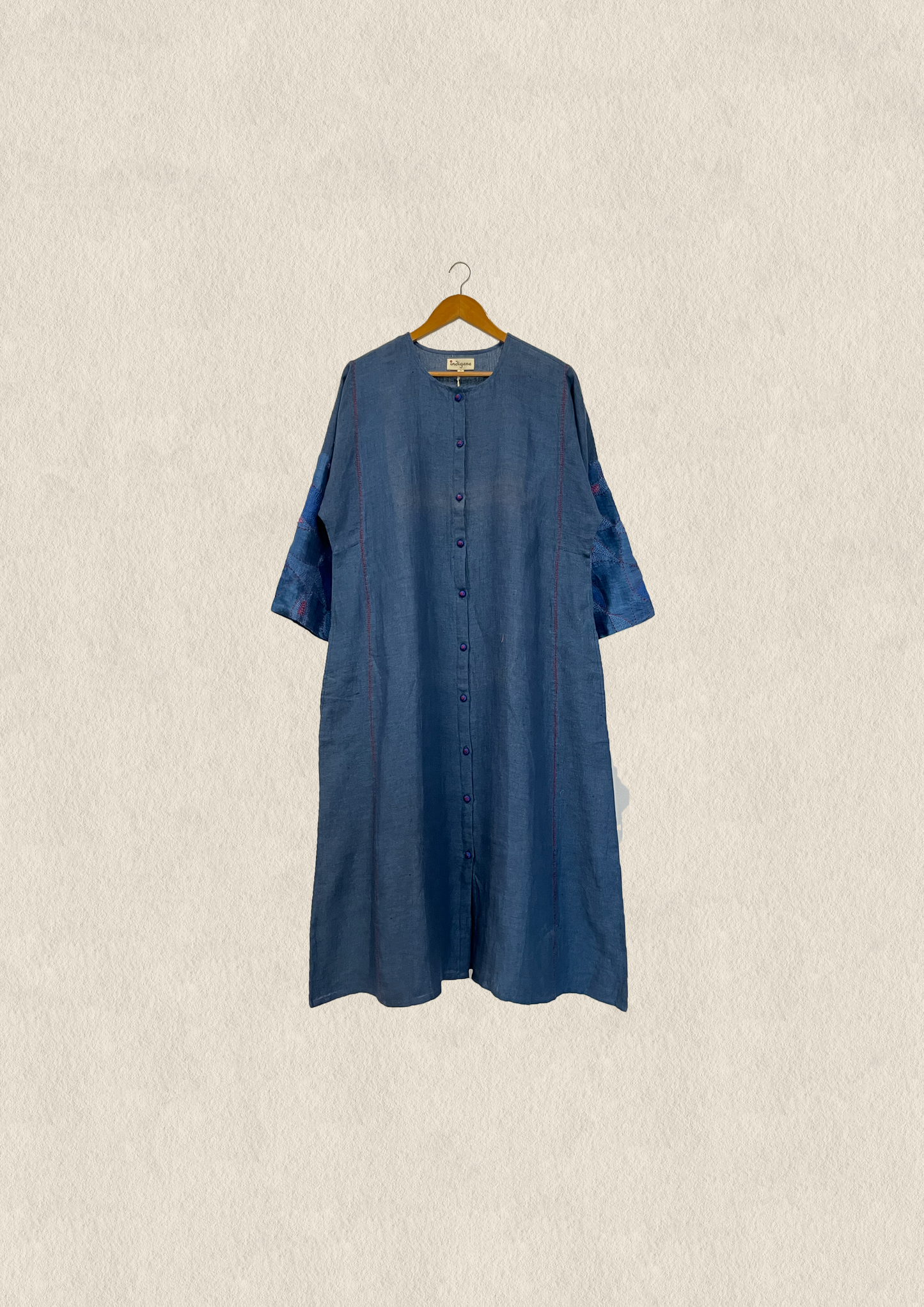 Linen Button Down Kurta w/ Silk Embroidered Sleeves