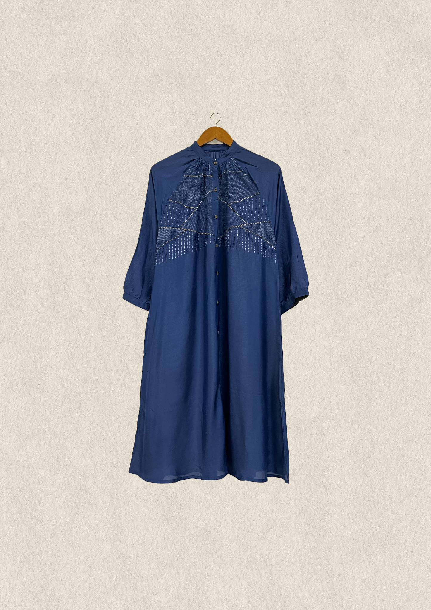 Navy layered embroidered button down dress