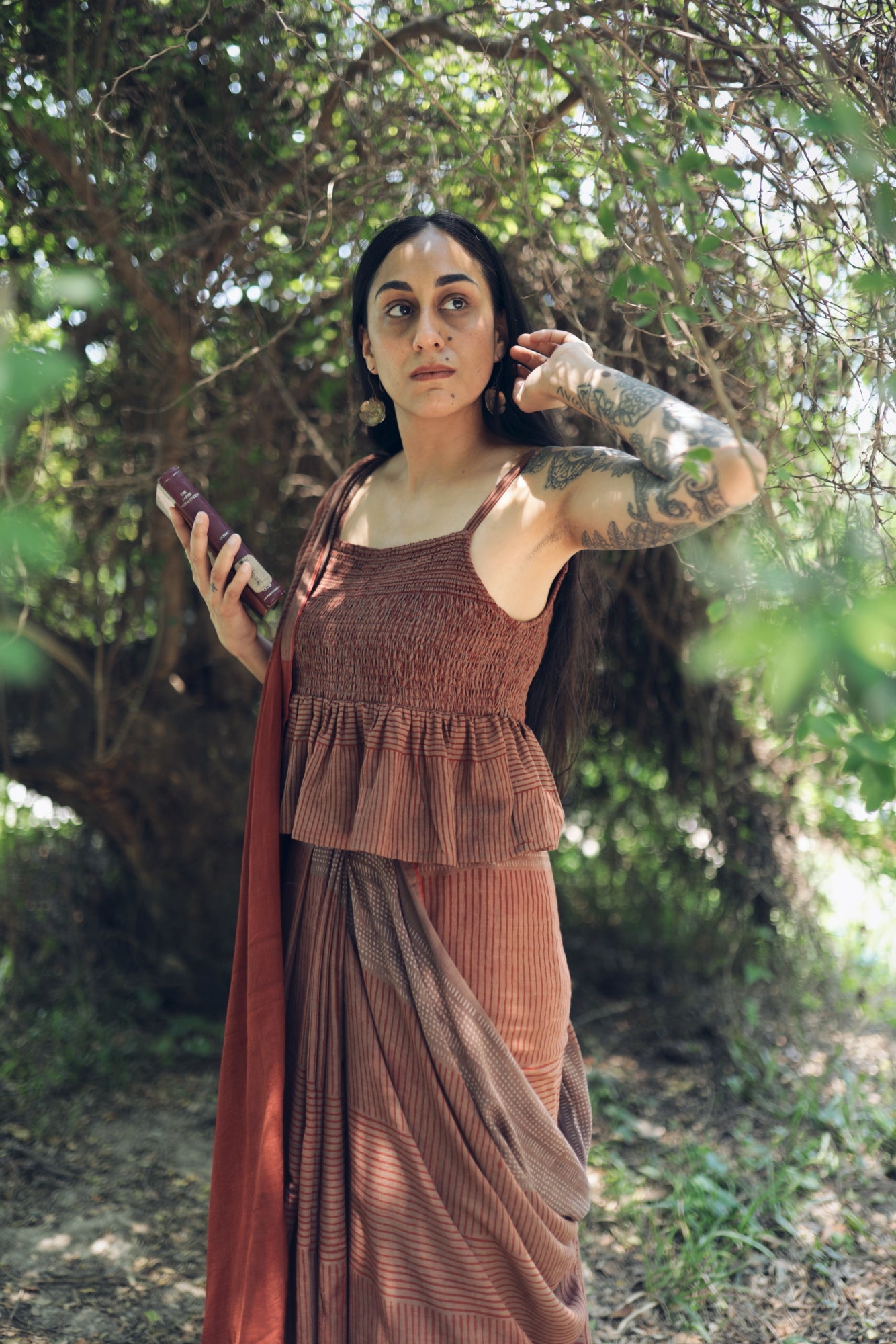 Hand block printed natural dyed cotton mul mul sari in earthy tones of red and mocha