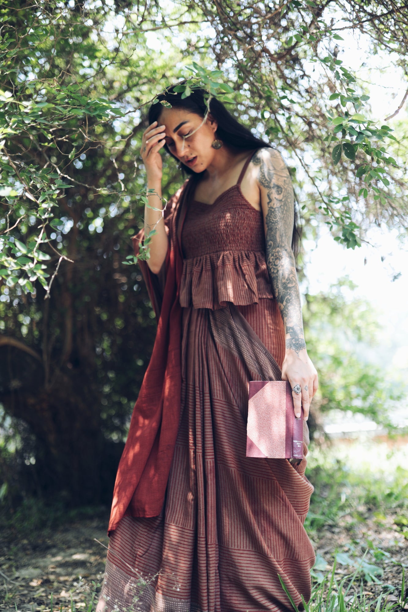 Hand block printed natural dyed cotton mul mul sari in earthy tones of red and mocha