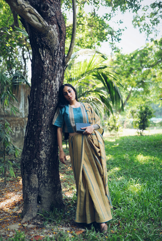 Ochre & Indigo Stripes Mulmul Ajrakh sari