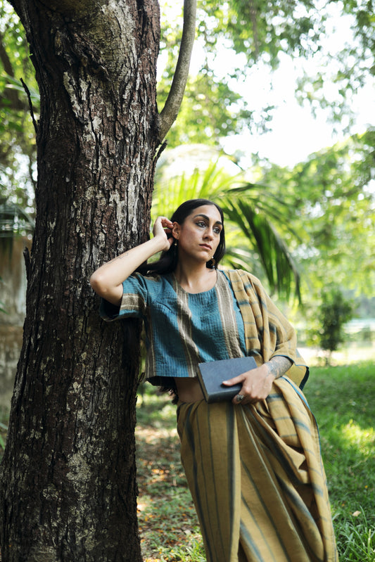 Round Neck Zari Quilted Blouse (Indigo Stripes)