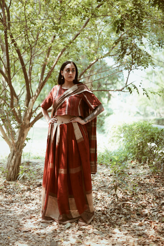 Mulmul cotton sari in hand block printed natural dyed brick design, earthy colours of madder red and beige