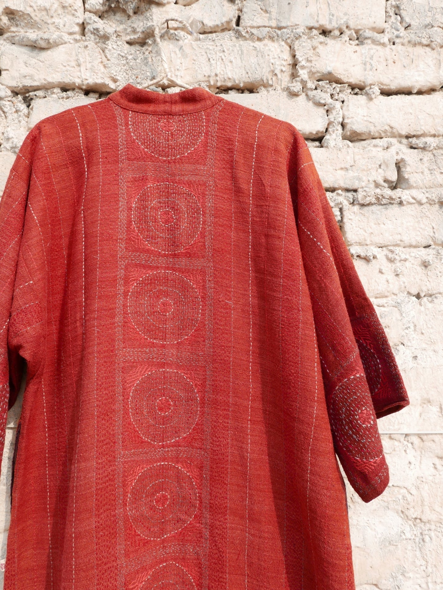Red Eri Silk Embroidered Kimono Overlay