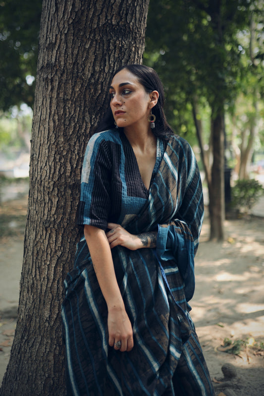 Black & Blue Stripes Mulmul Ajrakh Sari