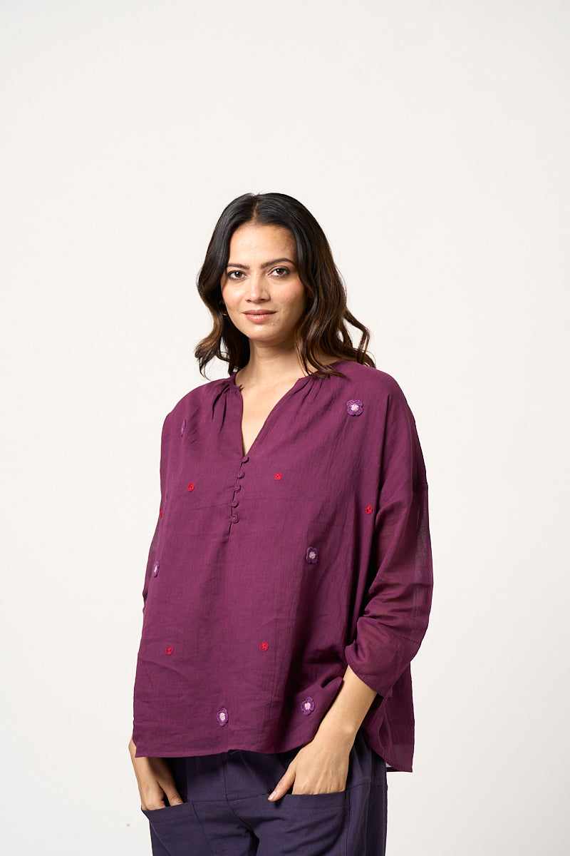 Gathered Neck mulmul top - Aubergine