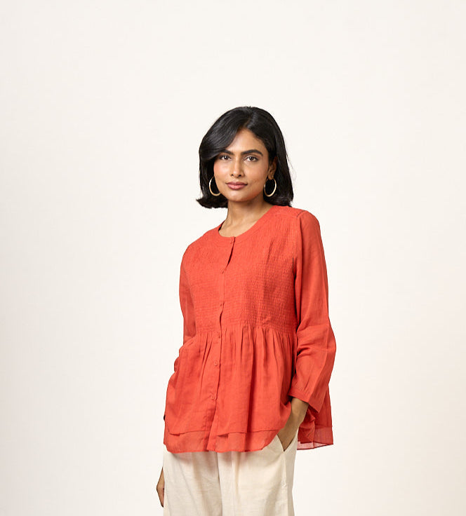 Clover Smocked button down top - Sunset orange