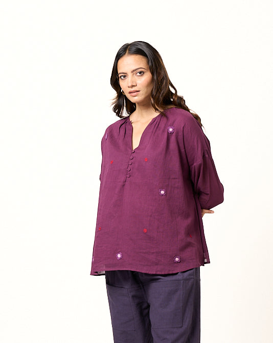 Gathered Neck mulmul top - Aubergine