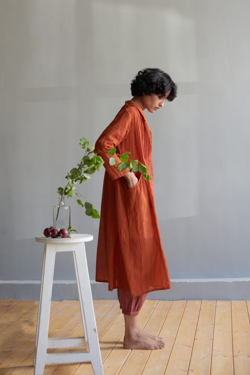 Maple Orange button down mulmul kurta with Aki pants in cotton slub