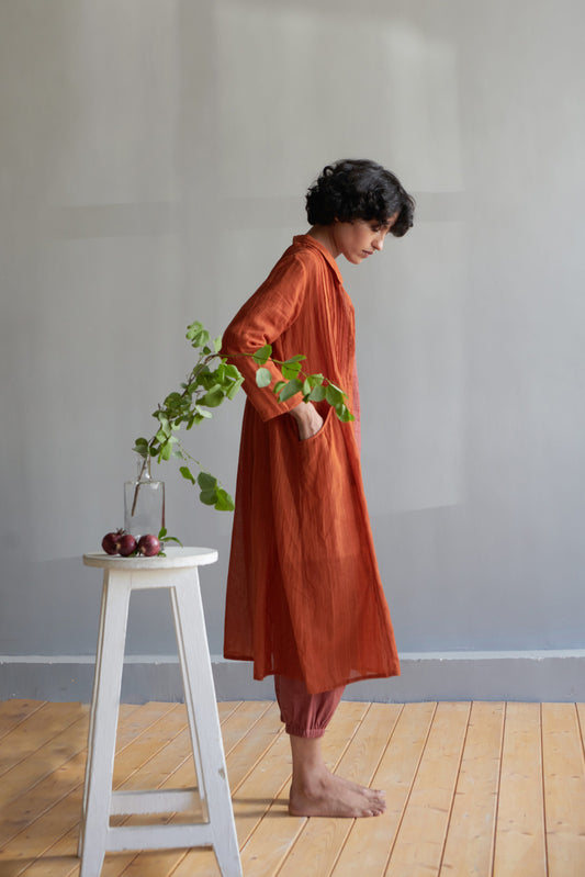 Maple Orange button down mulmul kurta with Aki pants in cotton slub