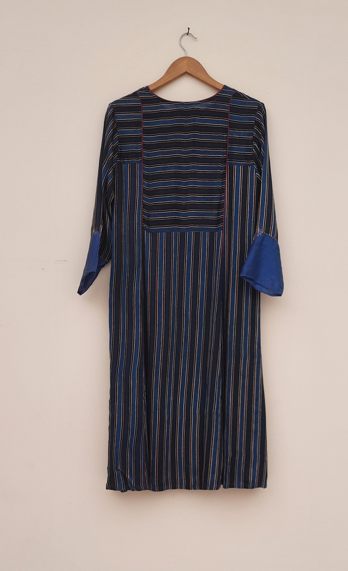 Embroidered Stripe Printed Ajrakh Modal Long kurta