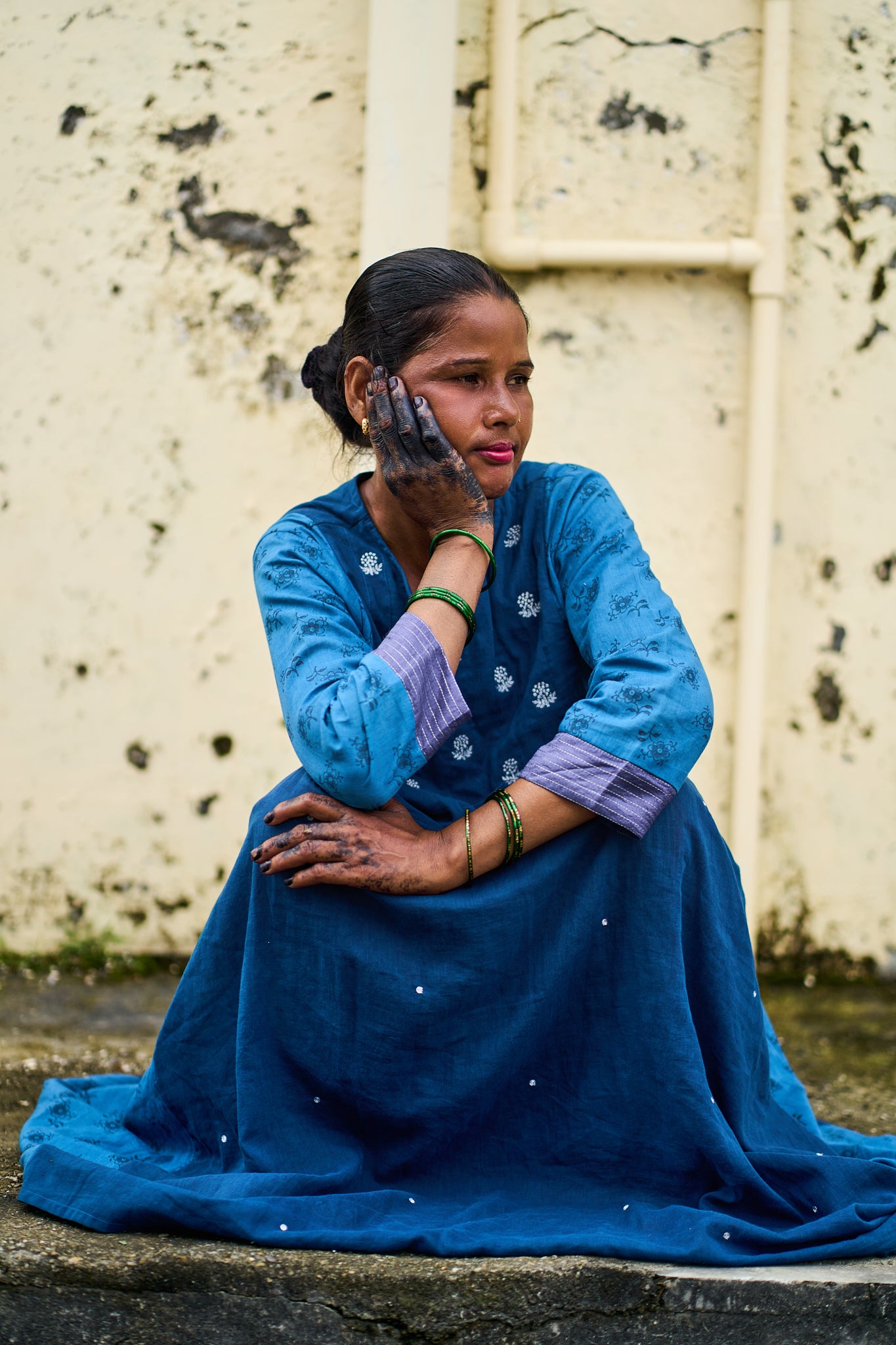 Indigo Pleated Embroidered Kurta