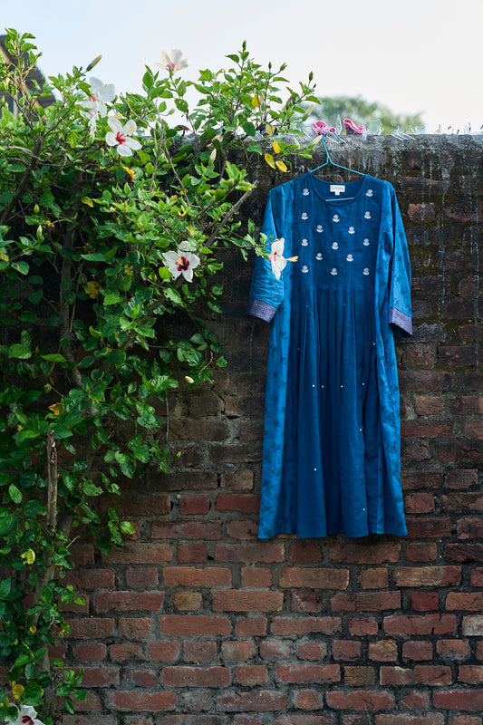 Indigo Pleated Embroidered Kurta
