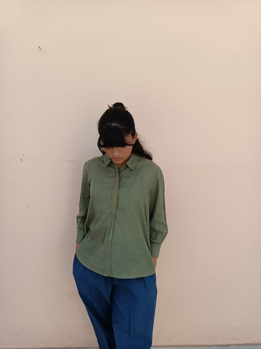 Olive Voile Placket Top