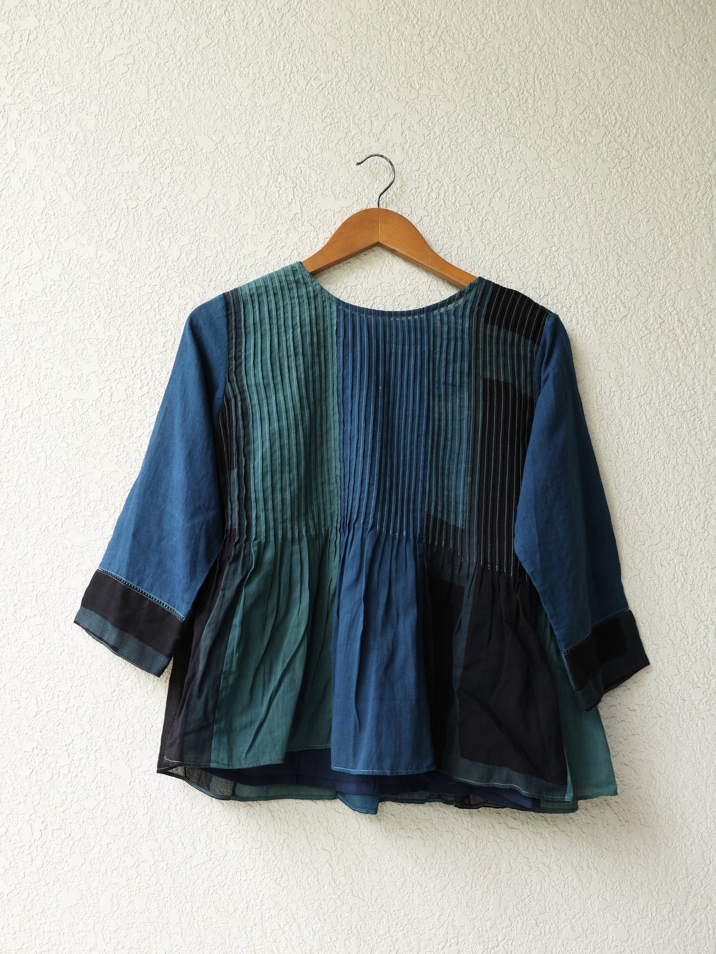 Indigo patched pintuck shirt