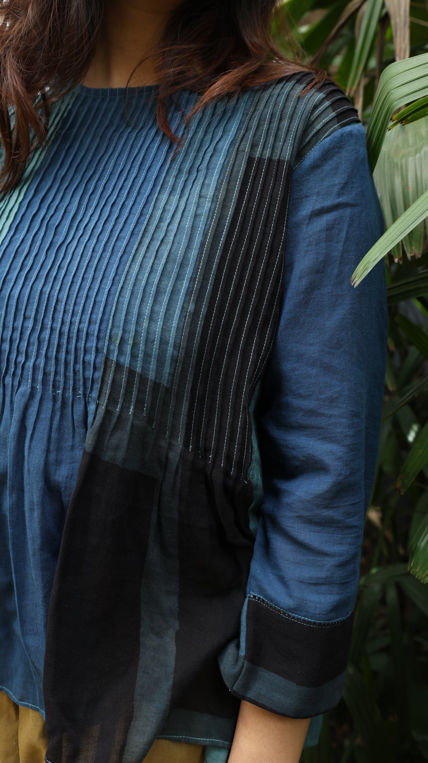 Indigo patched pintuck shirt