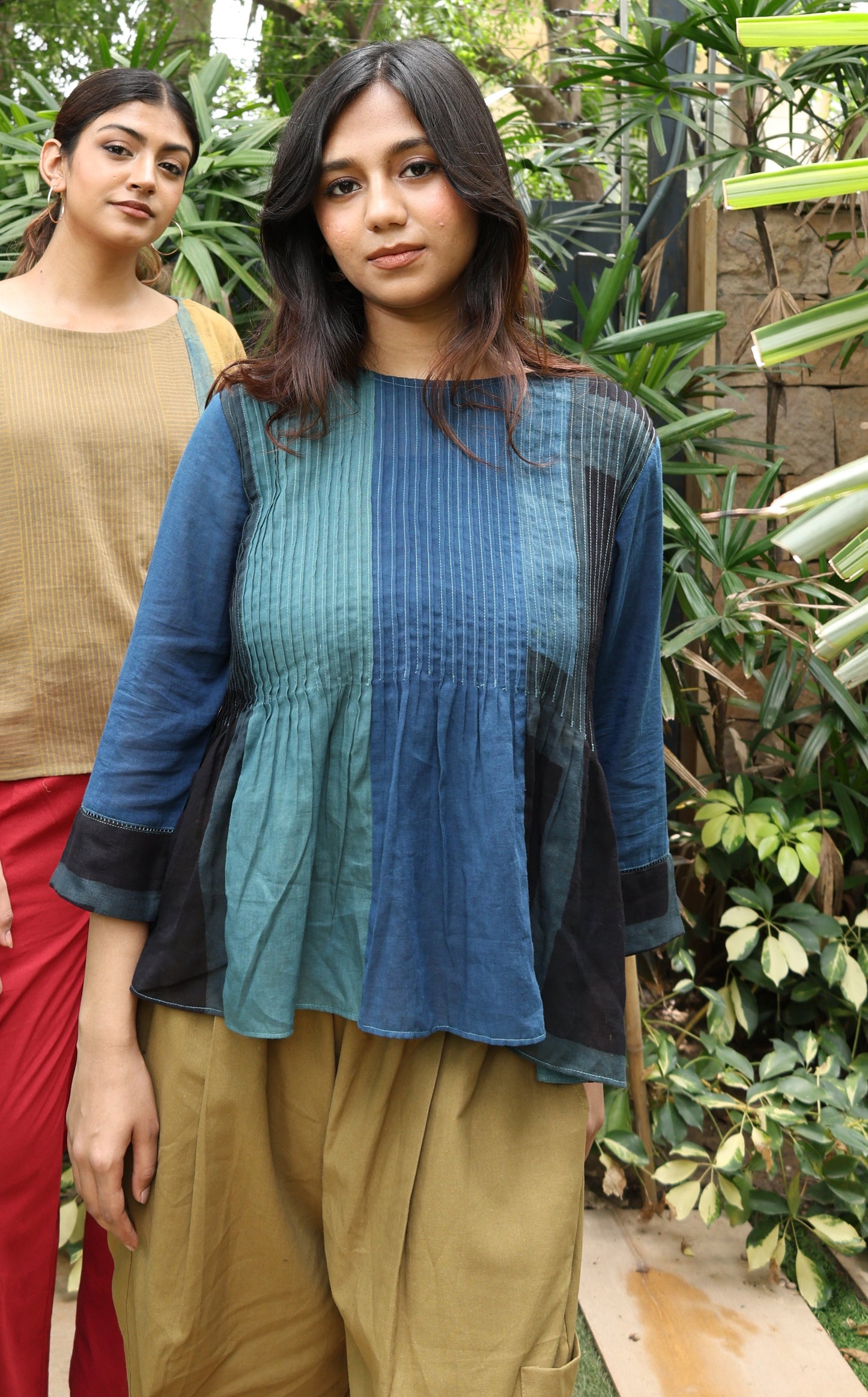 Indigo patched pintuck shirt