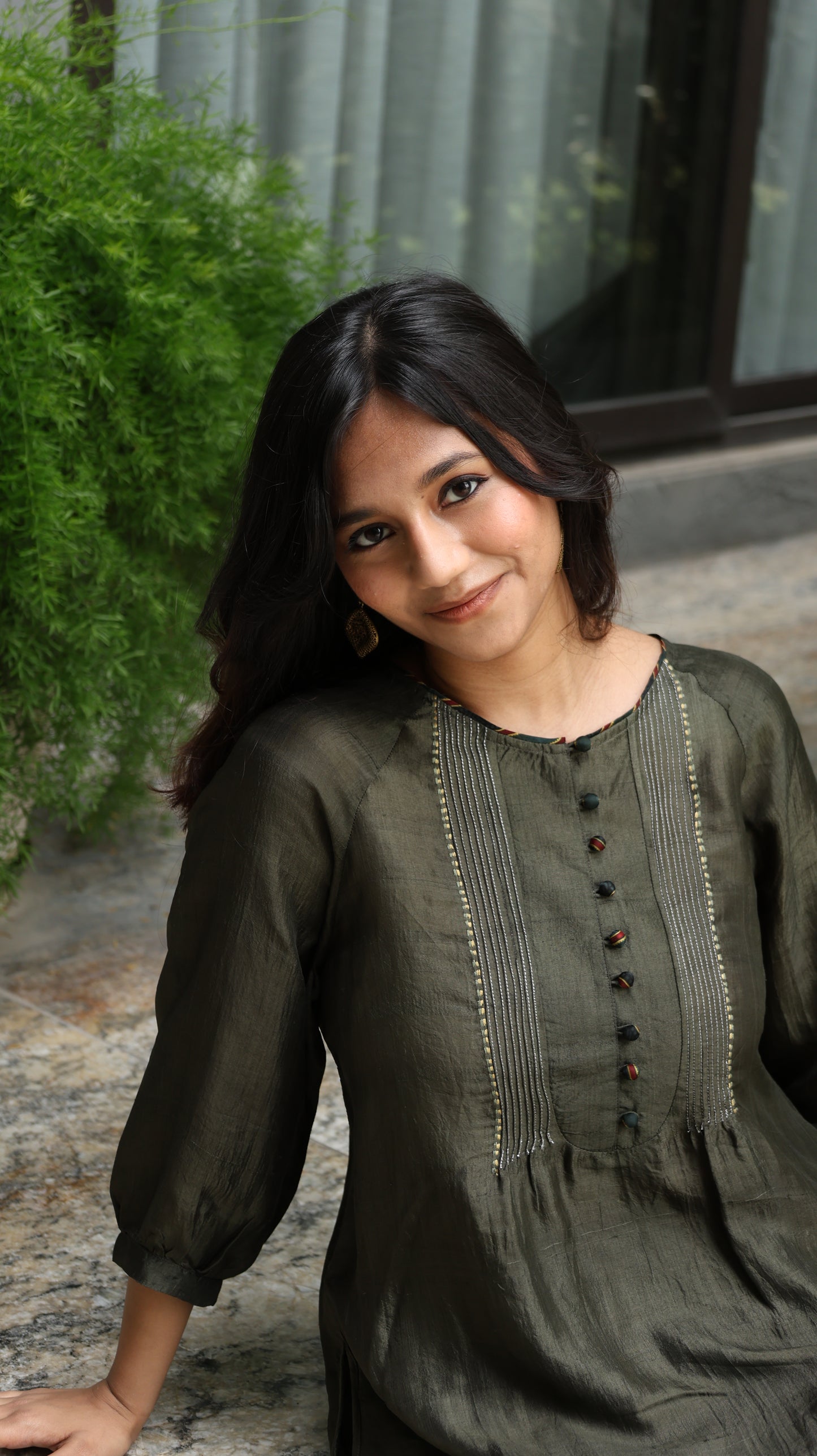 Slate Button detail silk kurta