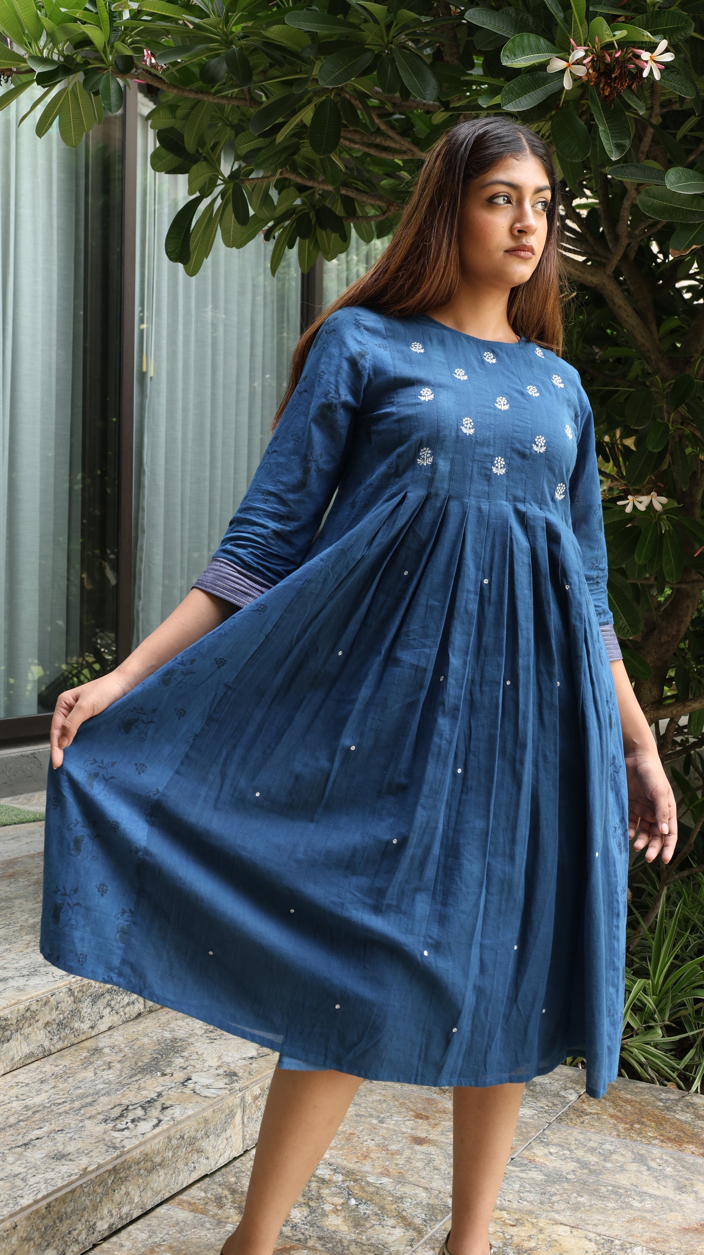 Indigo Pleated Embroidered Kurta