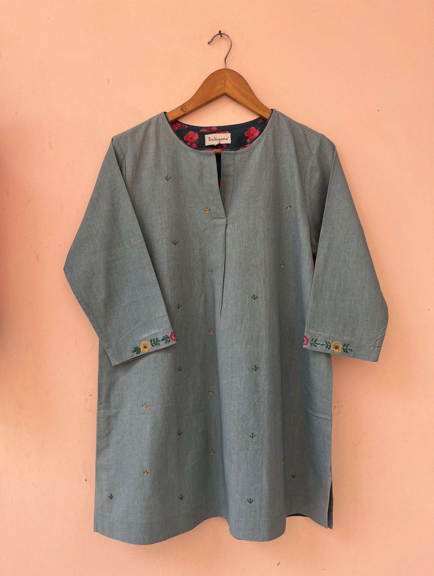 Quarry Grey Hemp Round neck embroidered kurta