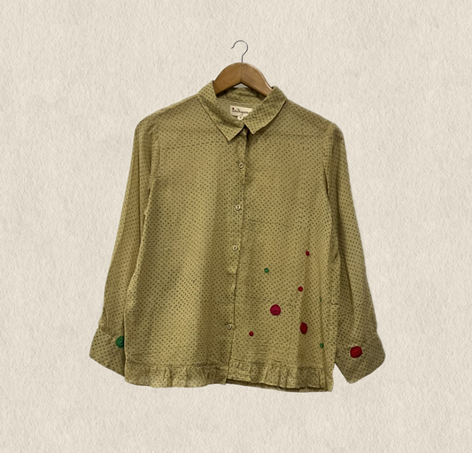 Crochet Ruffle Hem Printed Gauze Shirt