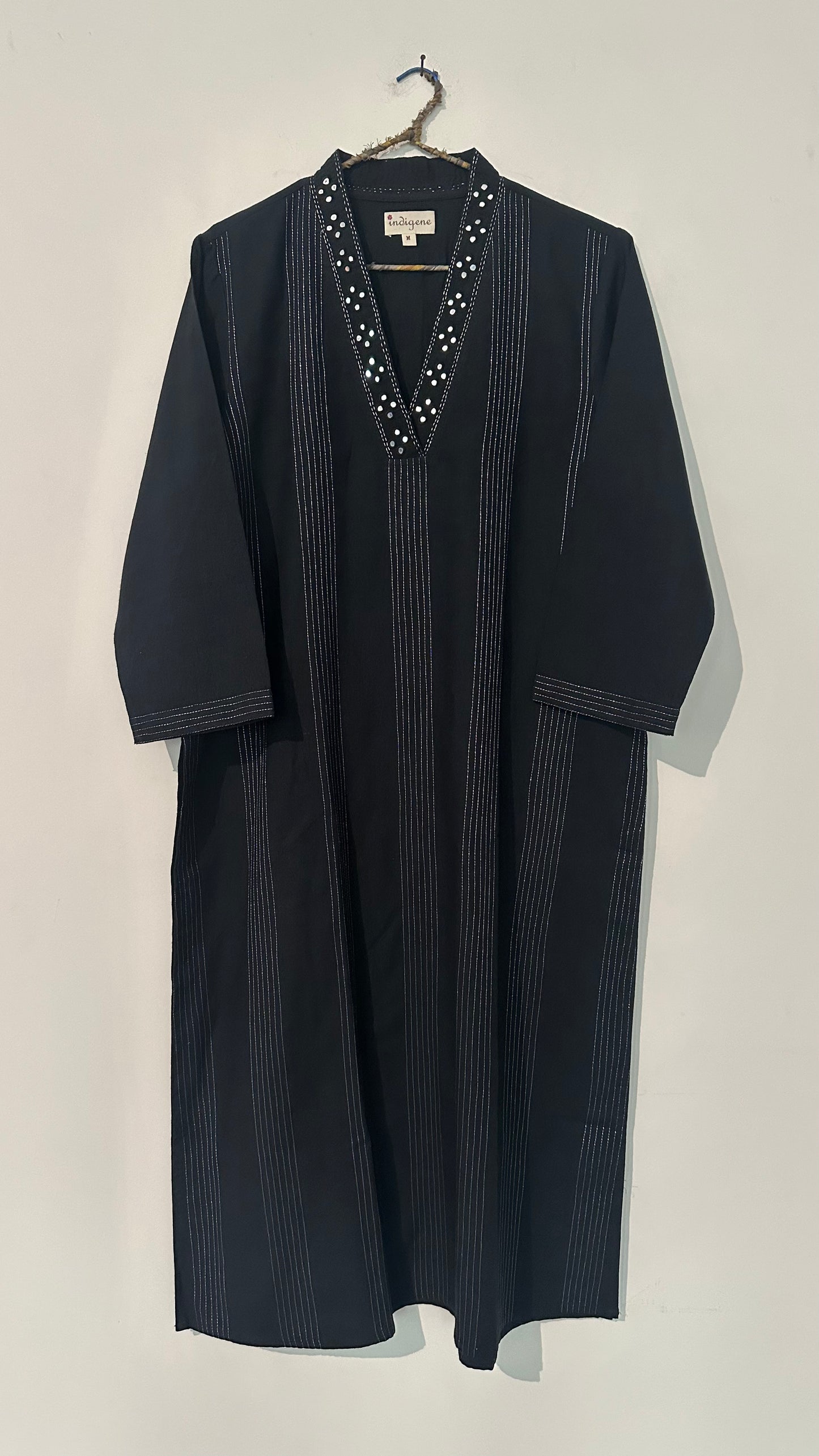 Black Cotton kurta quilted with mirror embroidery