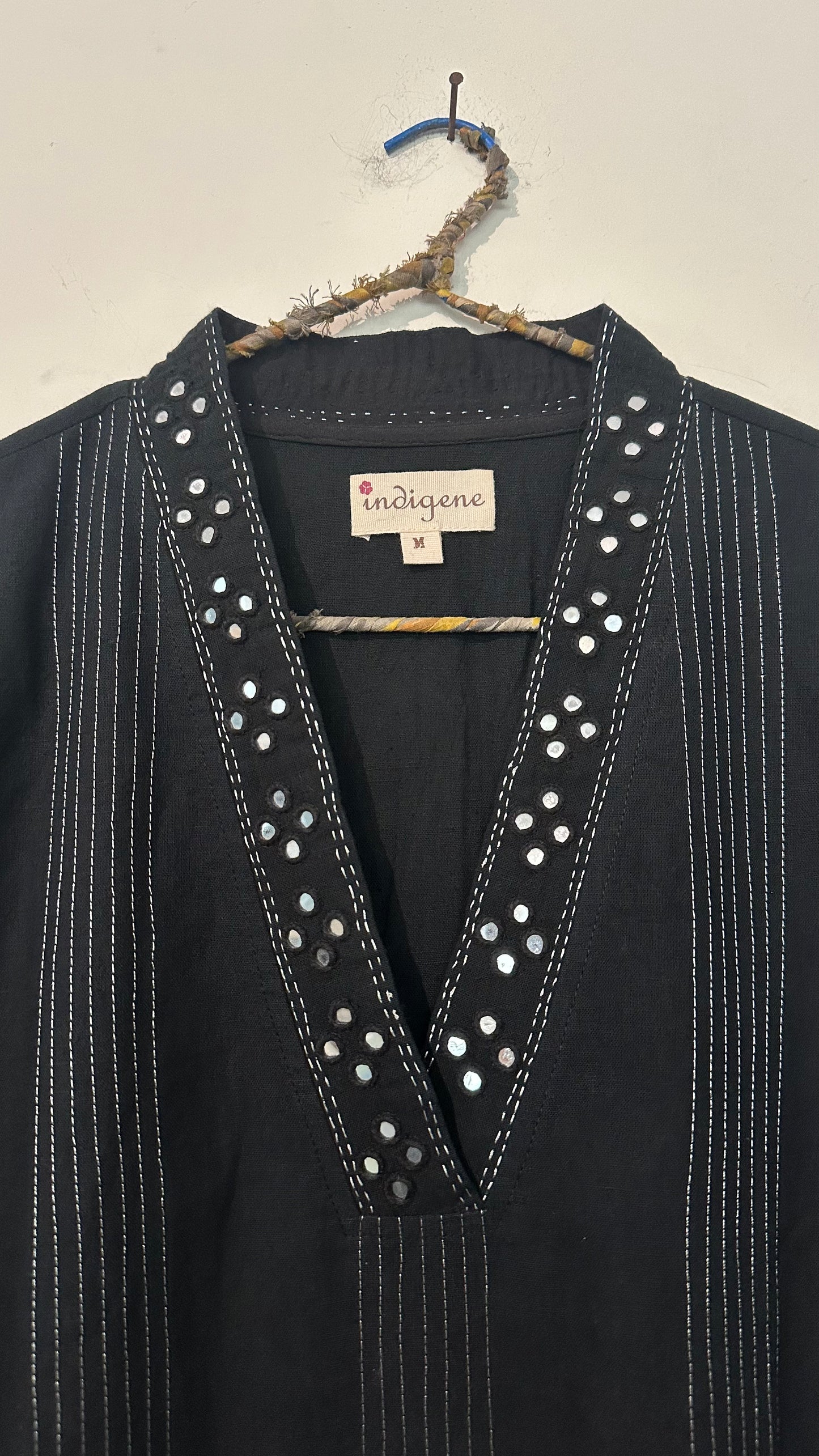 Black Cotton kurta quilted with mirror embroidery