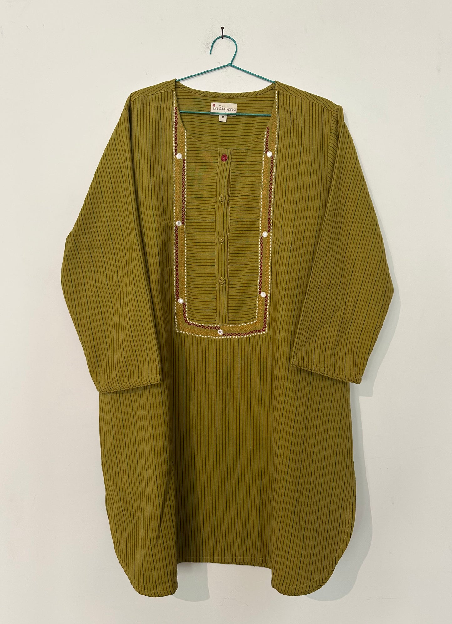 Placket tunic woven stripe & embroidery