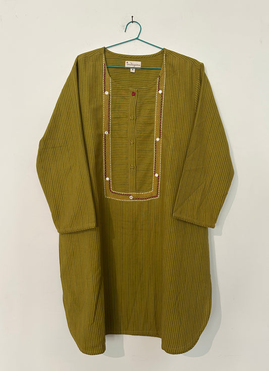 Placket tunic woven stripe & embroidery