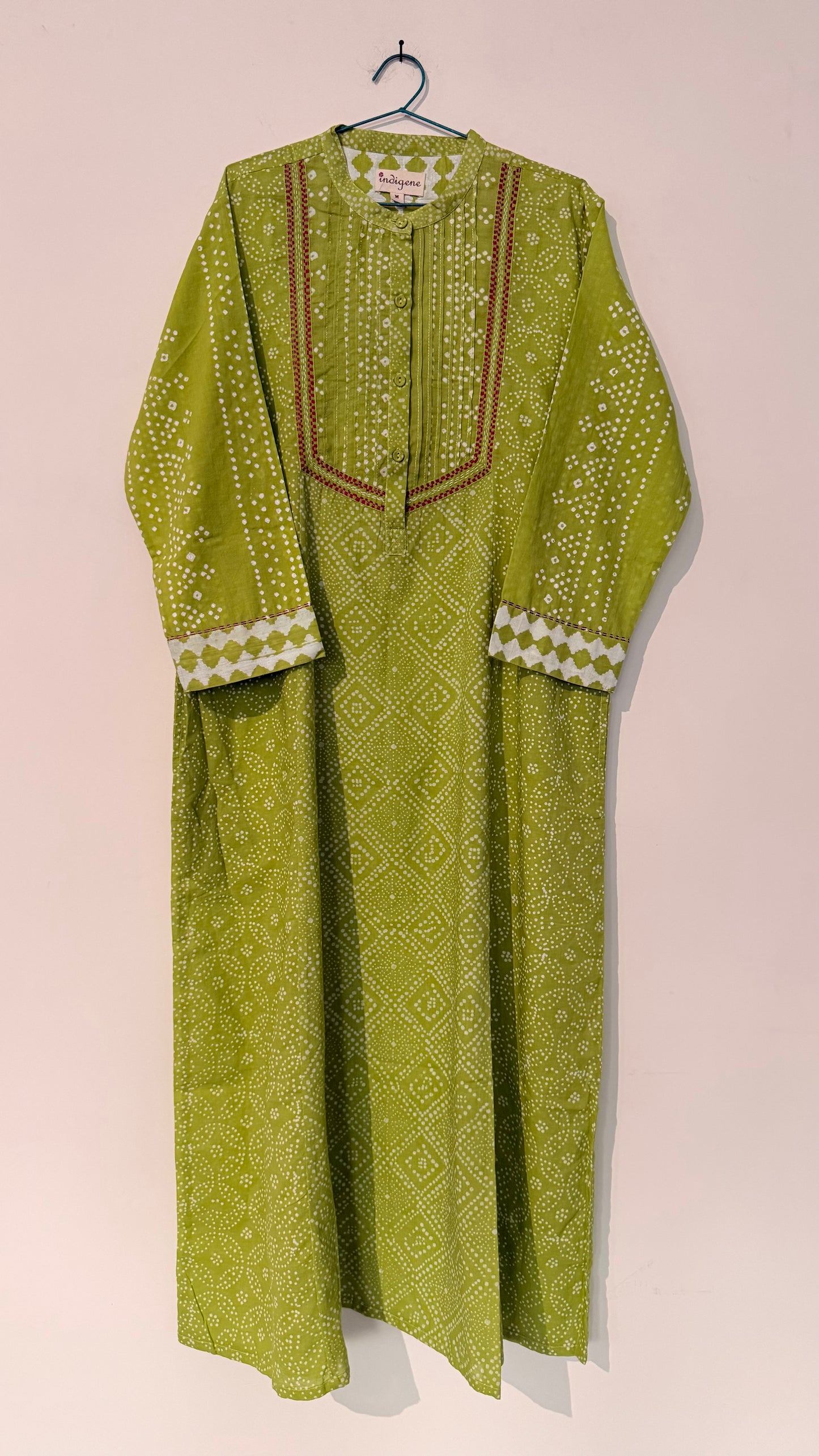 Lime discharge print embroidered kurta