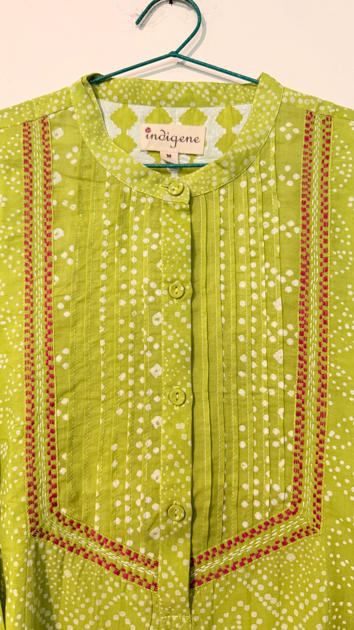 Lime discharge print embroidered kurta