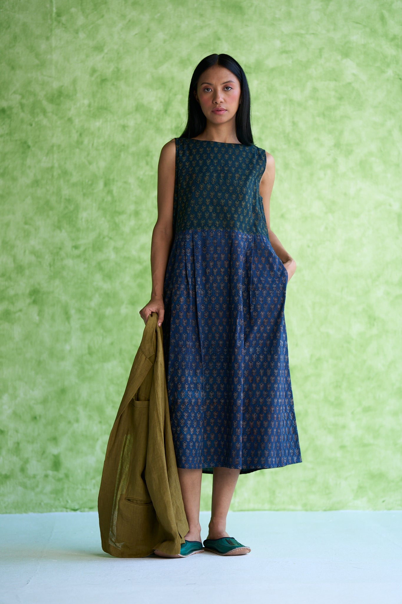 Madonna Hand block printed Box Pleated Dress
