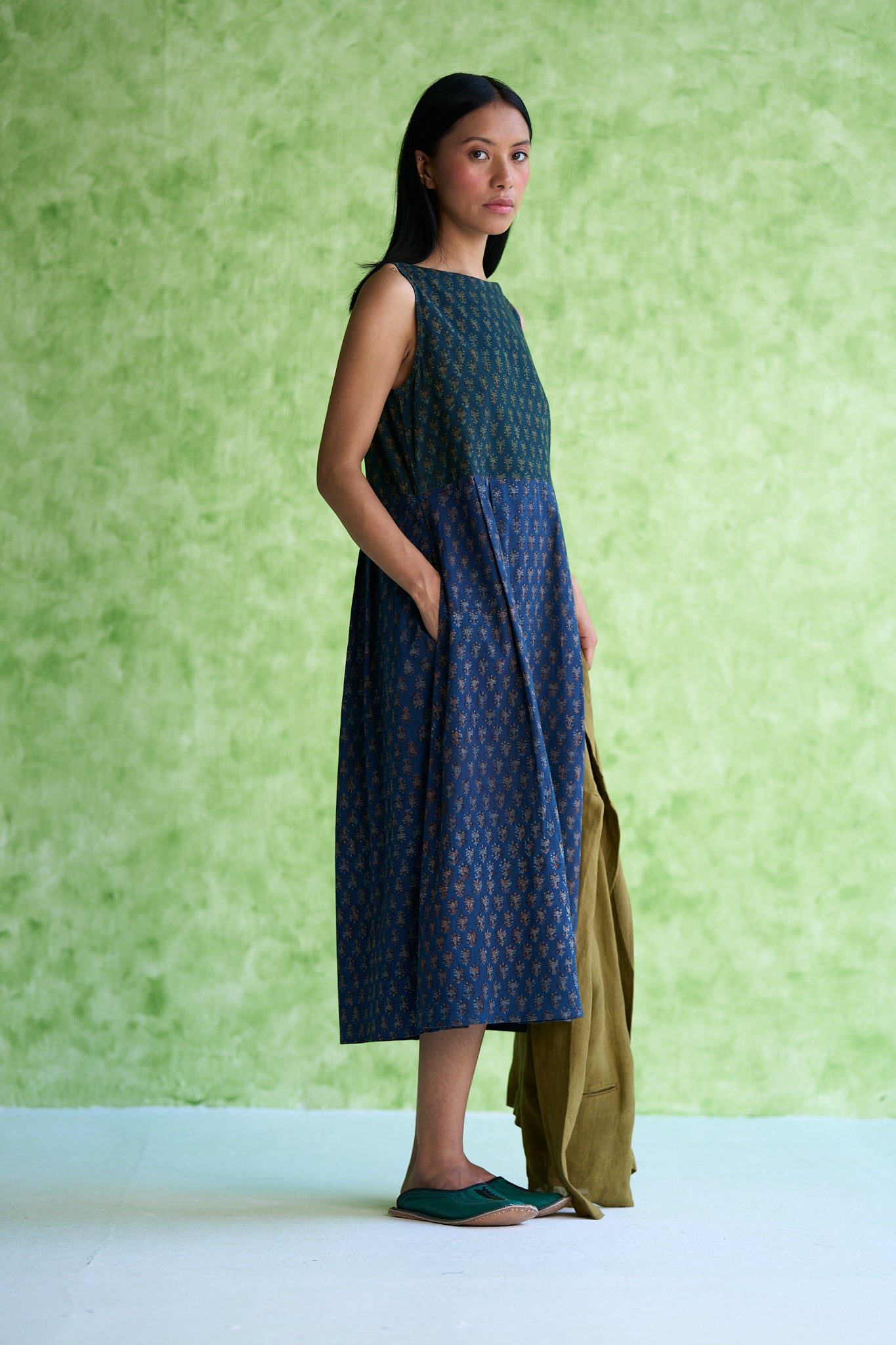 Madonna Hand block printed Box Pleated Dress